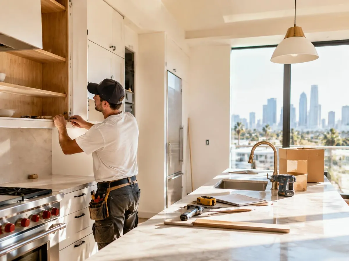 Technician installing cabinets in a kitchen
